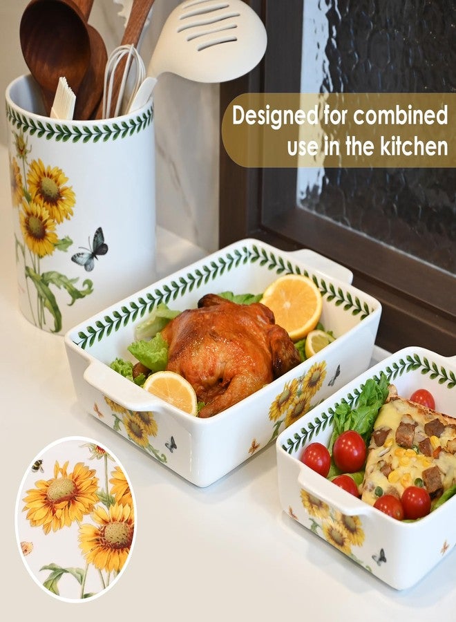 ACMLIFE Ceramic Casserole Dish Set, Ceramic Baking Dish for Oven, Casserole Dish Bakeware Set, Casserole Dishes for Oven, Lasagna Pan, Large Baking Dishes with Handles, Microwave, Dishwasher Safe, Gift Packaging Floral 2 Pcs Set(13"x8"+10.3"x6.3") (Sunflowers) - Image 2