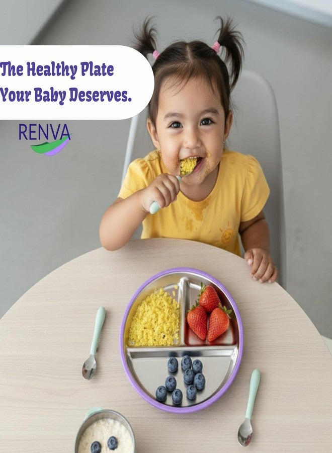 RENVA أطباق أطفال من الفولاذ المقاوم للصدأ من رينفا، أطباق شفط للأطفال الرضع، أطباق مقسمة للأطفال الصغار مع أغطية سيليكون قابلة للإزالة لتغذية خالية من الفوضى، غير سامة، مانعة للانزلاق (بنفسجي، طبق واحد) - Image 4