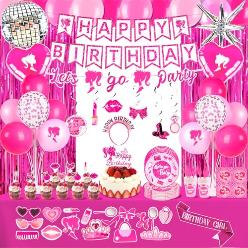 Kooterfun 187Pcs Hot Pink Birthday Party Decoration Supplies with 20 Plates Tableware Set and Birthday Banner Backdrop Foil Balloons Stand Cake Toppers Sunglasses Photo props Etc for Girls Women Party Decor - Image 1