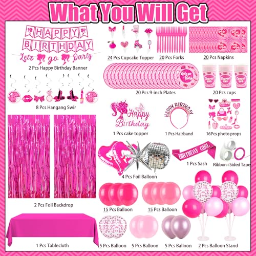 Kooterfun 187Pcs Hot Pink Birthday Party Decoration Supplies with 20 Plates Tableware Set and Birthday Banner Backdrop Foil Balloons Stand Cake Toppers Sunglasses Photo props Etc for Girls Women Party Decor - Image 5