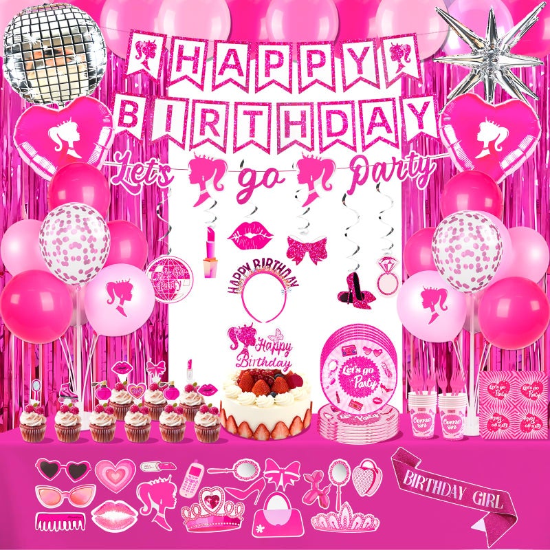 Kooterfun 187Pcs Hot Pink Birthday Party Decoration Supplies with 20 Plates Tableware Set and Birthday Banner Backdrop Foil Balloons Stand Cake Toppers Sunglasses Photo props Etc for Girls Women Party Decor - Image 3