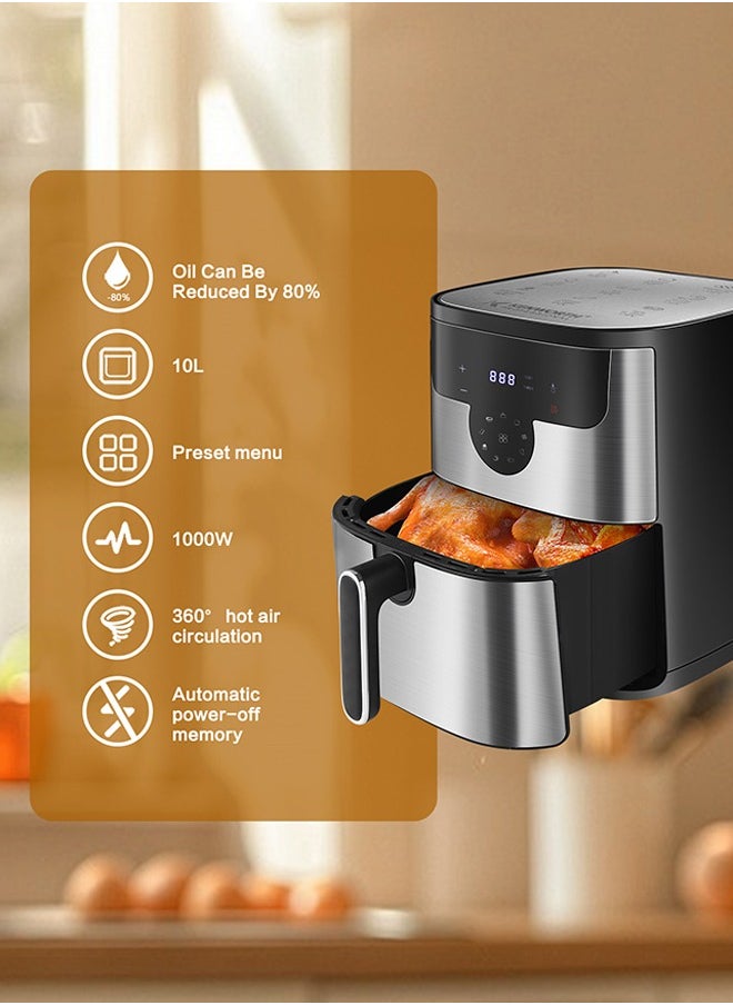 KENWORTH - Air Fryer 10L, 9 Presets, One-touch Panel, 360° Turbo Airflow Tech, Stainless Steel LED Touch Display Countertop Air Fryers Nonstick & Dishwasher-Safe Basket,Stainless Steel Air Fryer,Metal Grey - Image 1