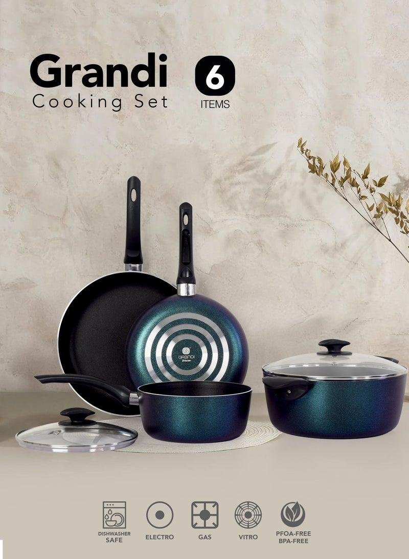 جراندي طقم قدور ومقالي مطلية بالجرانيت بأسطح مانعة للالتصاق ومقابض باكاليت  وأغطية من الزجاج  وخالية من حمض بيرفلورو الأوكتانويك مكون من 6 قطع تيتانيوم 20-26-24-28 لون اخصر غامق - Image 1