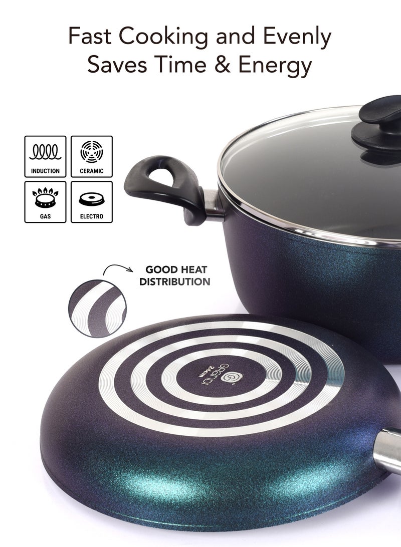 جراندي طقم قدور ومقالي مطلية بالجرانيت بأسطح مانعة للالتصاق ومقابض باكاليت  وأغطية من الزجاج  وخالية من حمض بيرفلورو الأوكتانويك مكون من 6 قطع تيتانيوم 20-26-24-28 لون اخصر غامق - Image 5