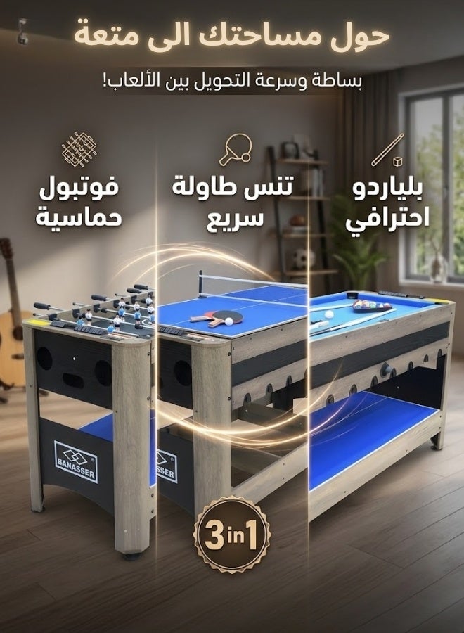 باناصير طاولة ألعاب متعددة مدمجة 3 في 1 بلياردو فرفيرة تنس طاولة إطار خشبي - Image 2