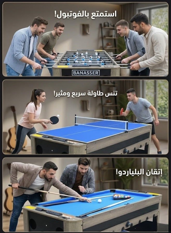 باناصير طاولة ألعاب متعددة مدمجة 3 في 1 بلياردو فرفيرة تنس طاولة إطار خشبي - Image 4