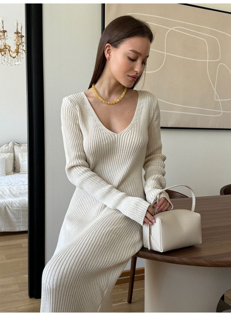 NIBEMINENT V-neck Elegant Knitted Dress Women Vintage Coquette Long Dress Autumn Winter Retro A-line Party Dresses Slim Up - Image 2