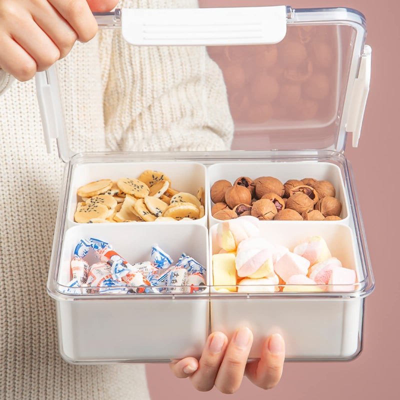 MineSign Divided Serving Tray with Lid for Veggie Charcuterie Container Portion Control Salad Keeper with 4 Removable Boxes Stackable Refrigerator Organizer Bins Food Storage Organizer Produce Saver