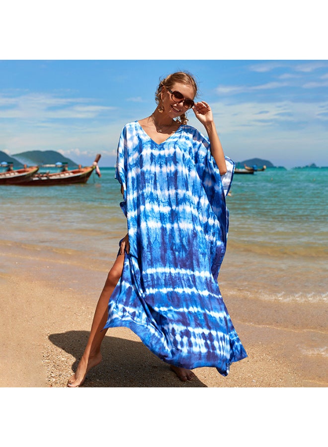 Generic European And American Rayon Tie-dyed Beach Blouse Robe Loose Seaside Vacation Sun Protection Clothing Bikini Swimsuit Outer Wear-Color:10-blue Gradient- - Image 1
