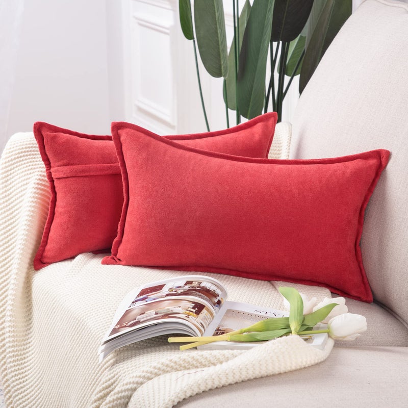 MADIZZ MADIZZ Set of 2 Short Chenille Throw Pillow Covers 12x20 Inch Red Soft Decorative Cushion Cover for Sofa Bedroom Pillow Shell  - Image 1