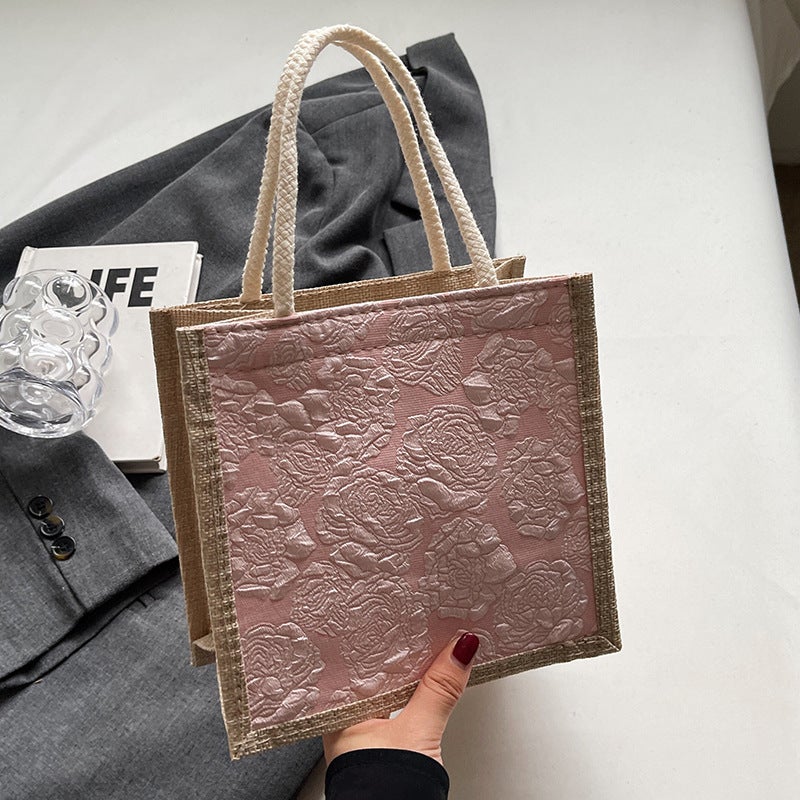 Linen Tote Bag for Women Lunch Box Carry Pouch Pink zipper style 
