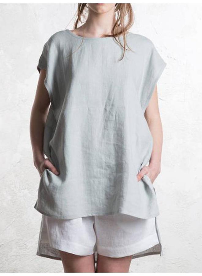 20 9 Women's Cotton And Linen Top Round Neck Front Short Back Long Short Sleeve Top