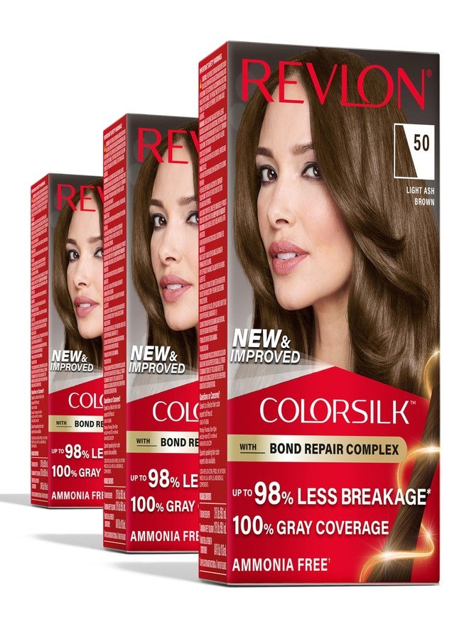 Revlon ريفلون كولور سيلك مع مركب إصلاح الروابط، لون شعر بني دائم، تغطية 100% للشيب، صبغة شعر خالية من الأمونيا، كيراتين نباتي، 50 بني رمادي فاتح (عبوة من 3) - Image 1