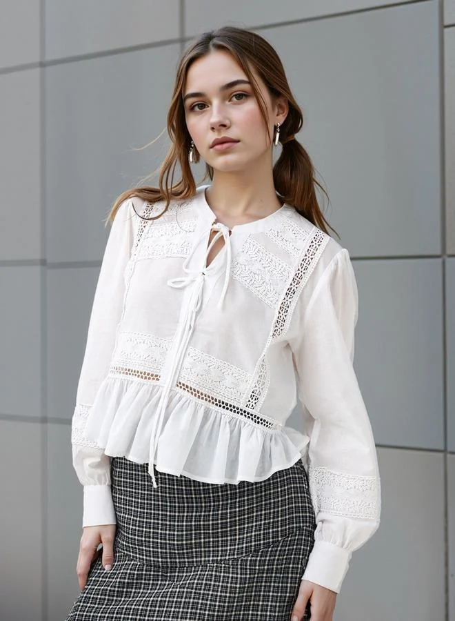 Lee Cooper Lee Cooper Lace Detail Cotton Peplum Top with Tie-Ups