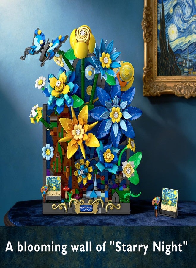 PLAXSOON Starry Night Flower Wall Building Set with Lights, Botanical Collection Famous Painting Artwork Building Block with Butterfly, 1008 PCS Home Wall Decor for Adults Girls 10+ - Image 3