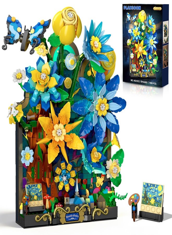 PLAXSOON Starry Night Flower Wall Building Set with Lights, Botanical Collection Famous Painting Artwork Building Block with Butterfly, 1008 PCS Home Wall Decor for Adults Girls 10+ - Image 1