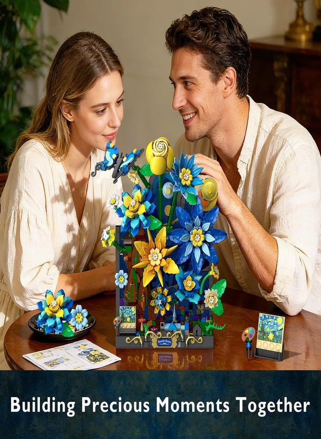 PLAXSOON Starry Night Flower Wall Building Set with Lights, Botanical Collection Famous Painting Artwork Building Block with Butterfly, 1008 PCS Home Wall Decor for Adults Girls 10+ - Image 2