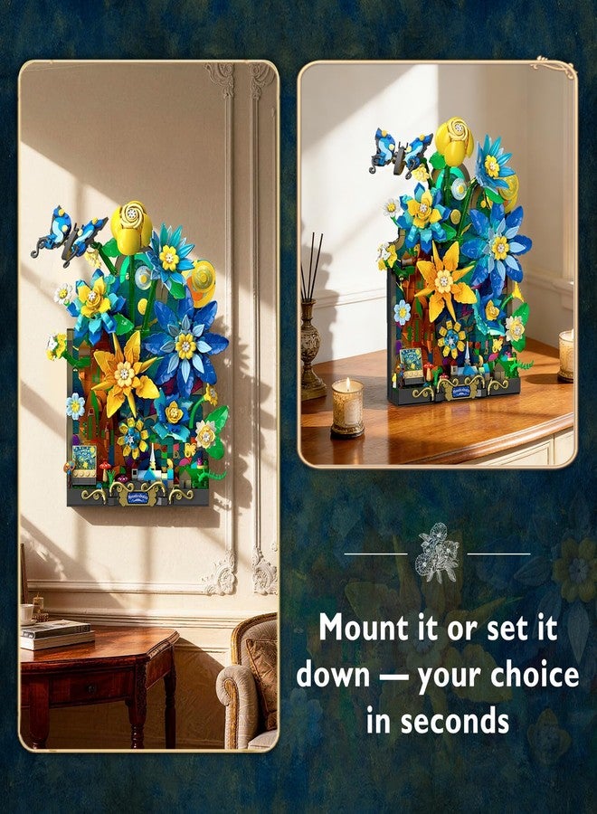 PLAXSOON Starry Night Flower Wall Building Set with Lights, Botanical Collection Famous Painting Artwork Building Block with Butterfly, 1008 PCS Home Wall Decor for Adults Girls 10+ - Image 4