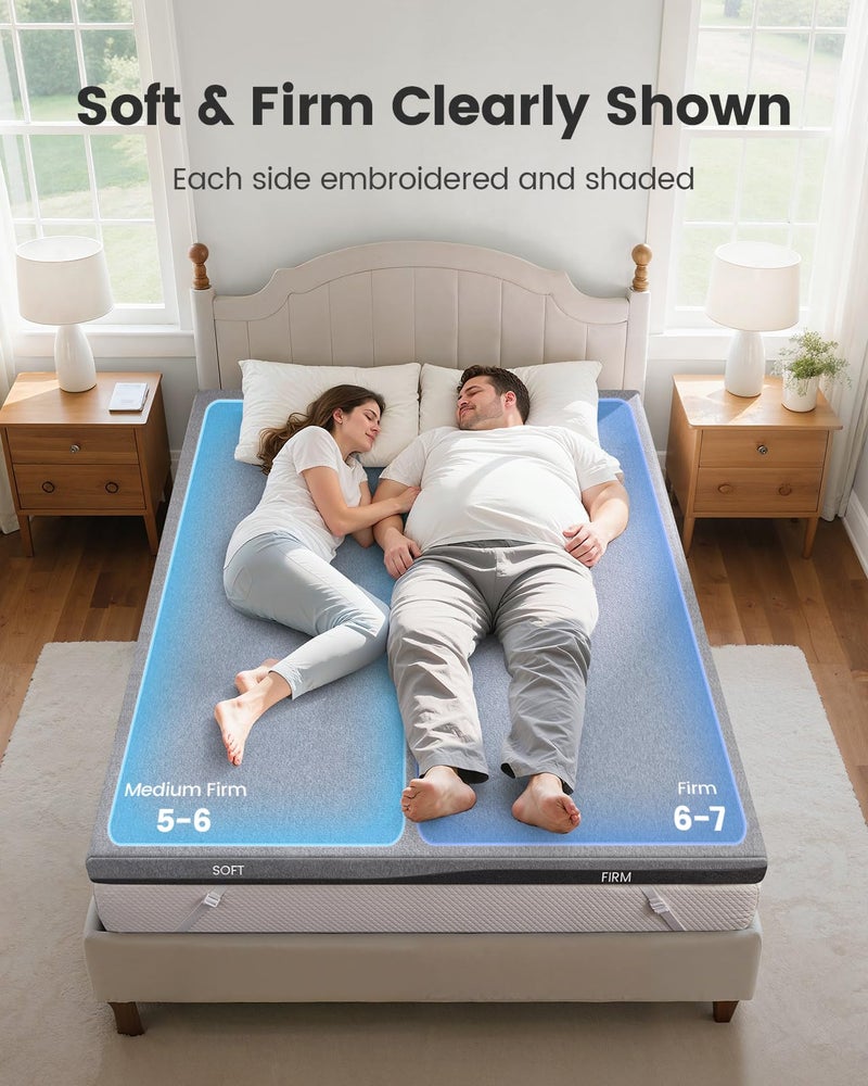 PERLECARE Dual Firmness Mattress Topper Queen, 3 Inch Firm Bed Topper with Split Soft & Firm Zones, Supportive Mattress Pad for Back Pain, Non-Slip & Removable, Made with CertiPUR-USÂ® Certified Foam - Image 2