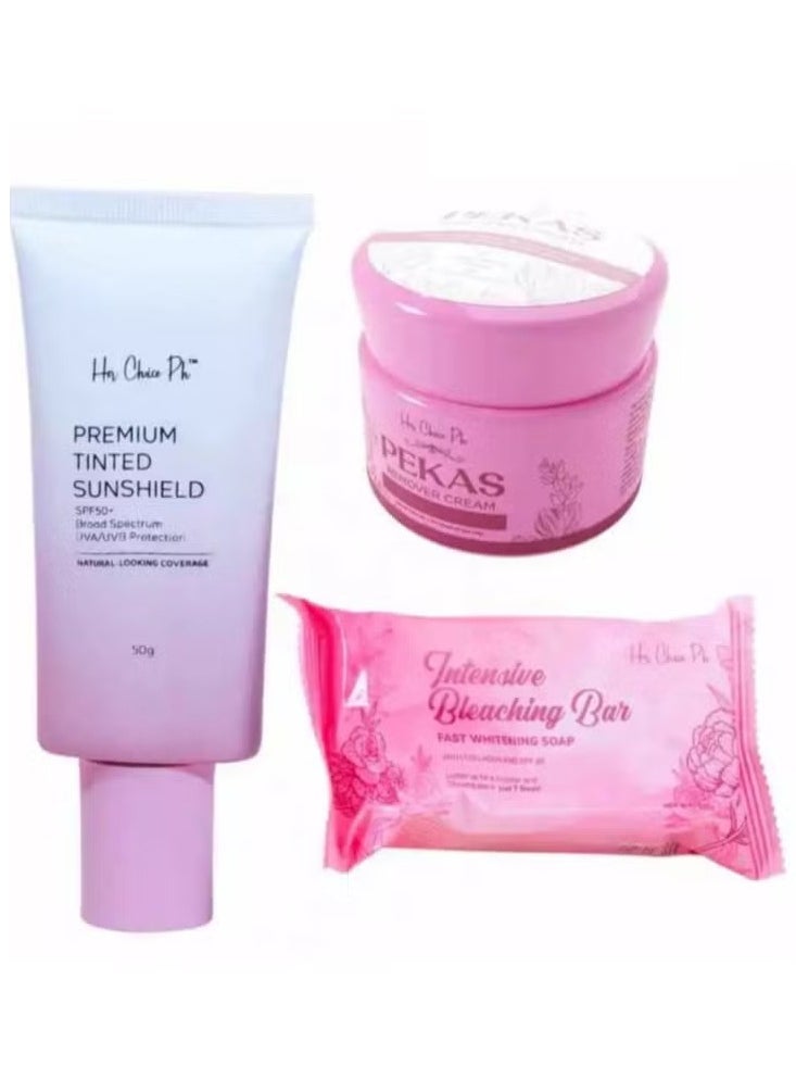 Her Choice Ph Intensive Whitening Soap 120 grams & Cream To Reduce Melasma Freckles and Dark Spots 50 grams & Premium Tinted Sunshield SPF50 - 50gm 