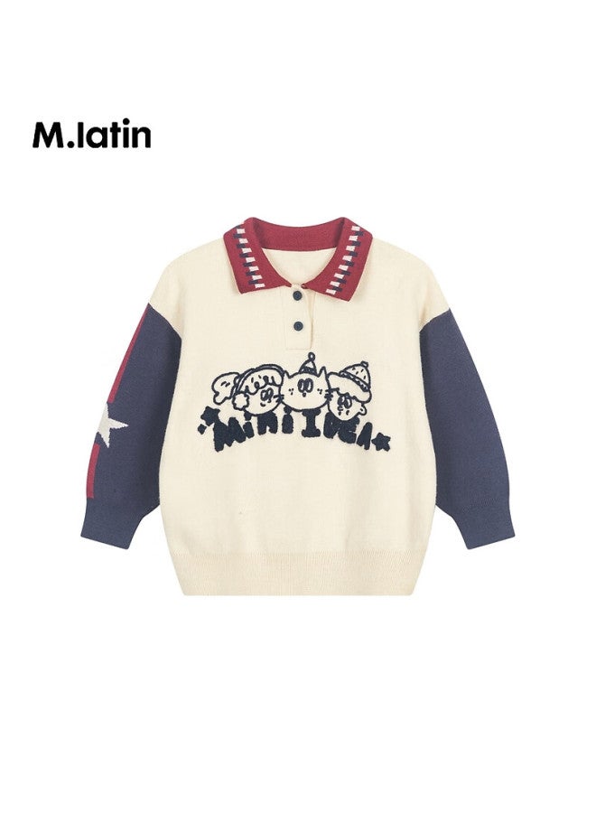 M.latin Children's Sweater, Winter New Style, Girls' Lapel Sweater, Beige, 90cm - Image 3