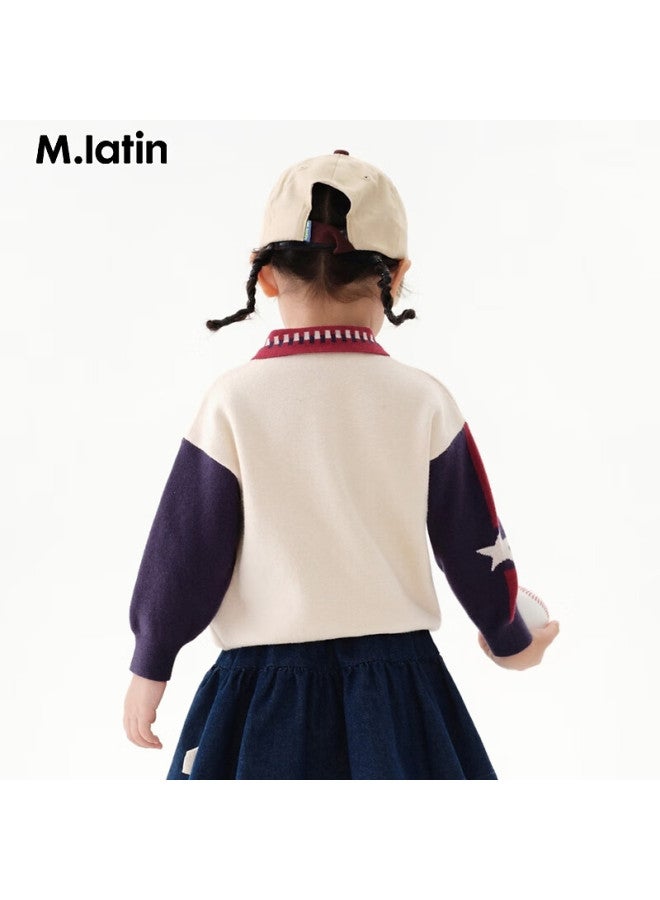 M.latin Children's Sweater, Winter New Style, Girls' Lapel Sweater, Beige, 90cm - Image 1