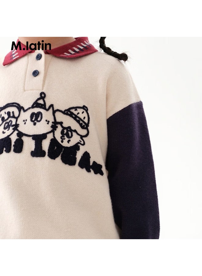 M.latin Children's Sweater, Winter New Style, Girls' Lapel Sweater, Beige, 90cm - Image 2