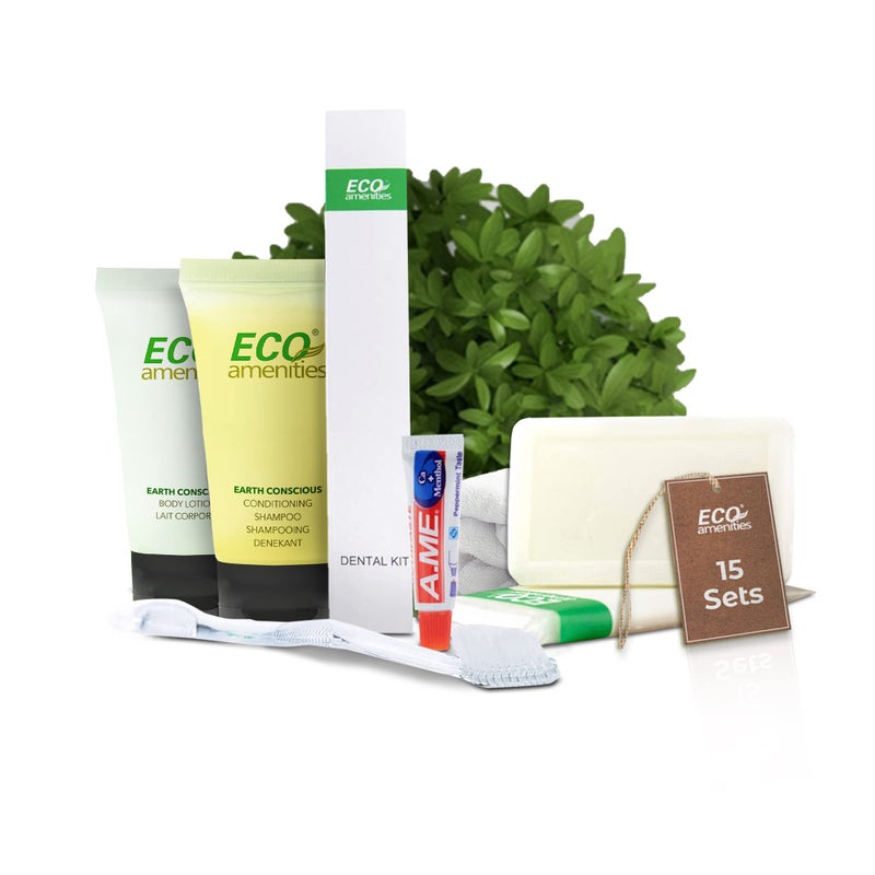 ECO Amenities 5-Piece All-in-Kit Hotel Toiletries Bulk 420pcs (84 Toiletry Kits) Travel Soap-Lotion-Shampoo & Conditioner 2 in 1-Disposable Toothbrush-Toothpaste per Kit Guest Shower Bath Amenities - Image 1