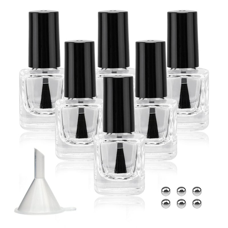 Agidea 6PCS Empty Nail Polish Bottles with Funnel, Empty Fingernail Polish Bottles Glass Rectangle with Brush & Mixing Balls Black (5ML) - Image 1
