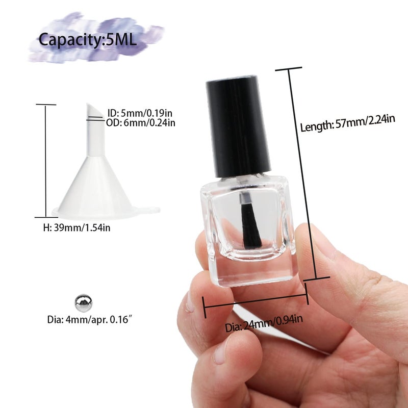 Agidea 6PCS Empty Nail Polish Bottles with Funnel, Empty Fingernail Polish Bottles Glass Rectangle with Brush & Mixing Balls Black (5ML) - Image 2