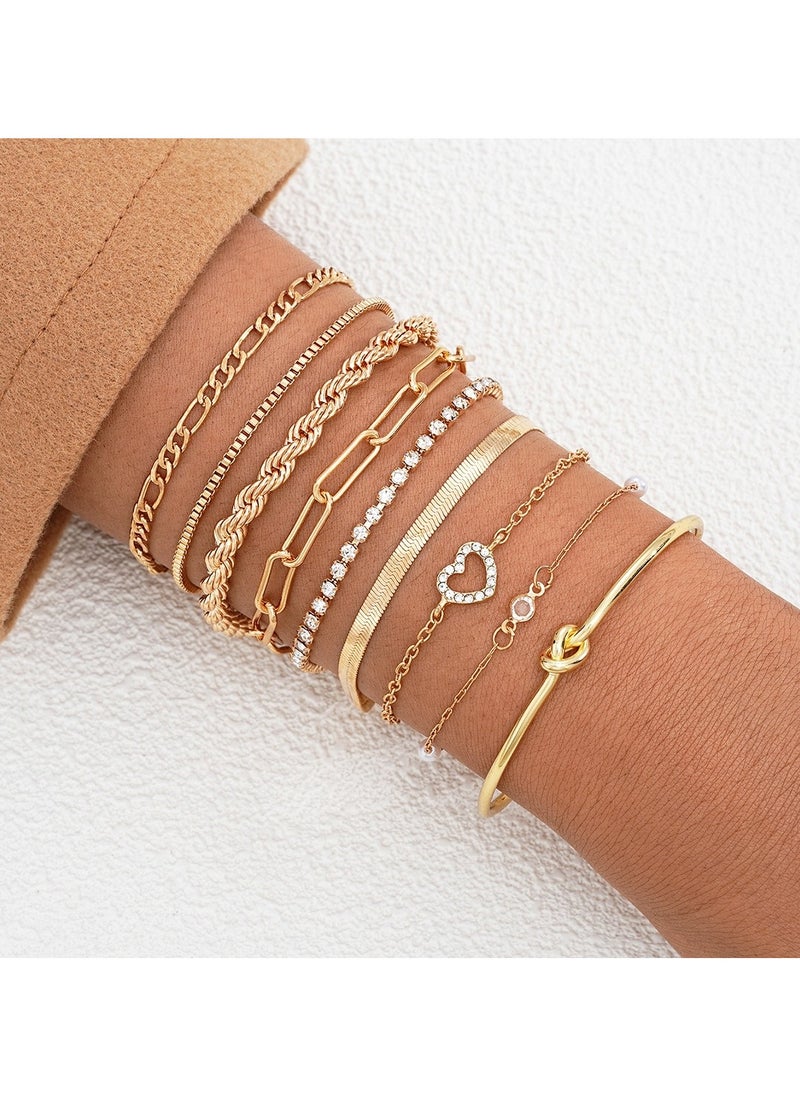 Huitich - Elegant Multi-Layer Chain Bracelet Set 9-Piece Gold-Plated Alloy - Image 1
