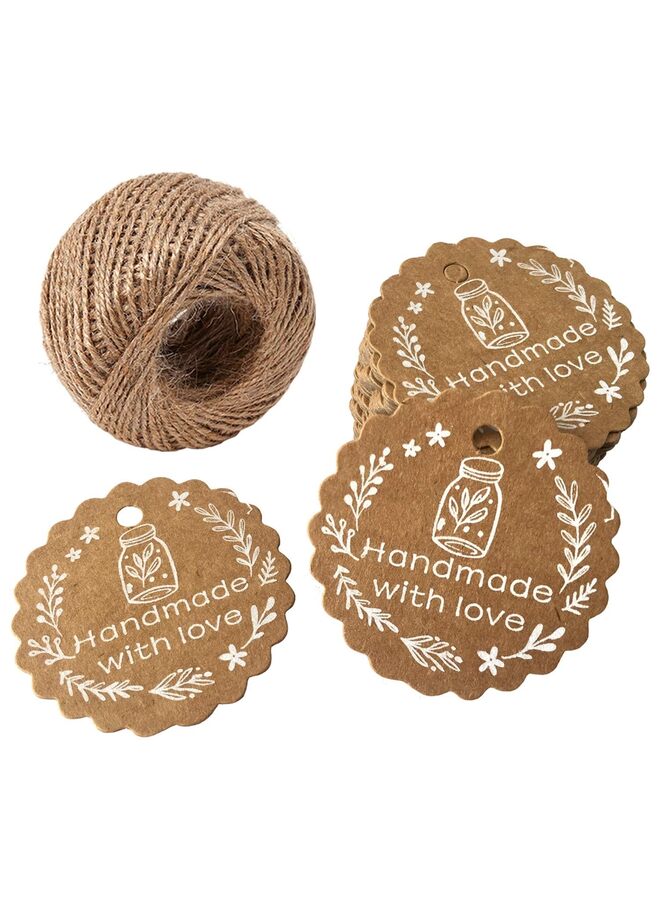 100 قطعة (عبوة من قطعة واحدة) بطاقات هدايا مصنوعة يدويًا بحب، بطاقات هدايا مطلية باللون الأبيض مصنوعة يدويًا مع خيط، ملصق تغليف هدايا من ورق كرافت لهدايا حفلات الزفاف، حرف يدوية (100 قطعة) - Image 1
