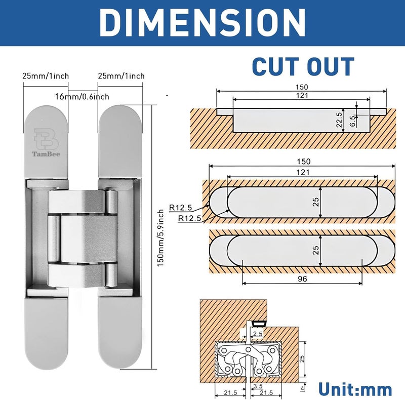 Tambee Invisible Hinge Heavy Duty Zinc Alloy Concealed Hidden 3 Way Adjustable Butt Hinge 6 X 2.5 X 1 Inch (1 Hinge) - Image 2