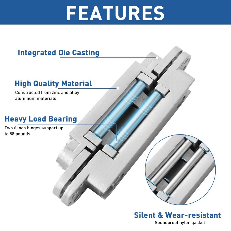 Tambee Invisible Hinge Heavy Duty Zinc Alloy Concealed Hidden 3 Way Adjustable Butt Hinge 6 X 2.5 X 1 Inch (1 Hinge) - Image 4