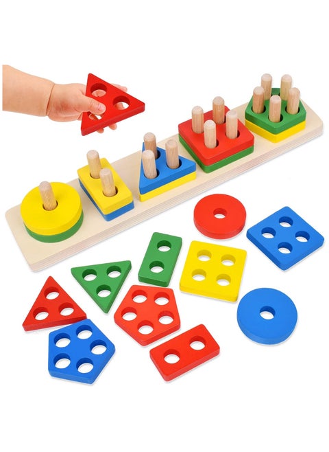 "Multicolored wooden geometric shape stacking blocks toy, suitable for up to 12 months, dimensions: 37x7.5x8 cm."