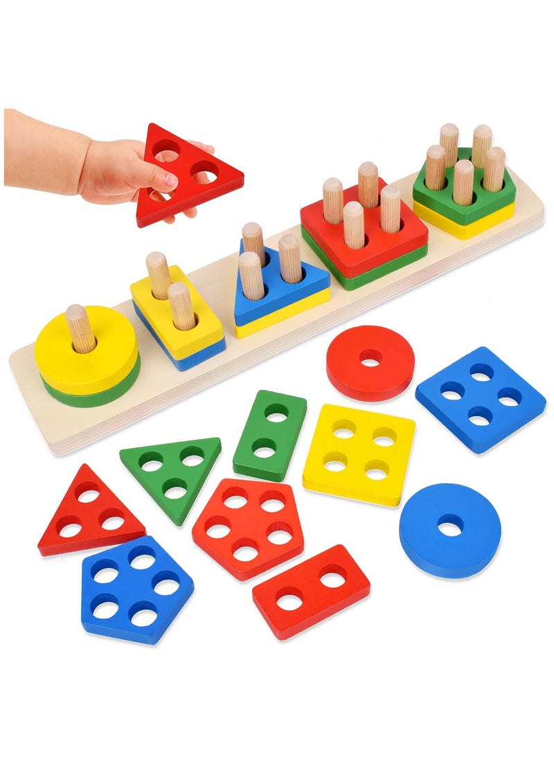 "Multicolored wooden geometric shape stacking blocks toy, suitable for up to 12 months, dimensions: 37x7.5x8 cm."  - Image 1