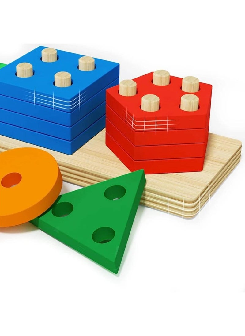 "Multicolored wooden geometric shape stacking blocks toy, suitable for up to 12 months, dimensions: 37x7.5x8 cm."  - Image 3