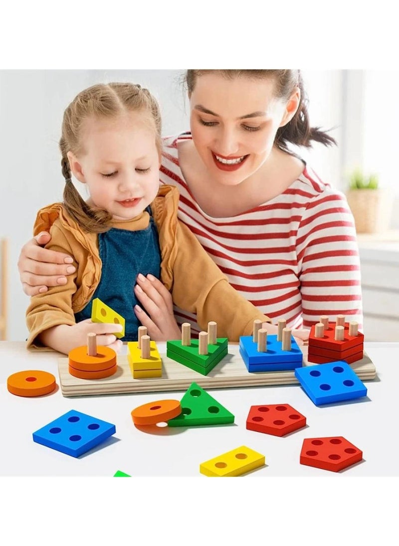 "Multicolored wooden geometric shape stacking blocks toy, suitable for up to 12 months, dimensions: 37x7.5x8 cm."  - Image 4