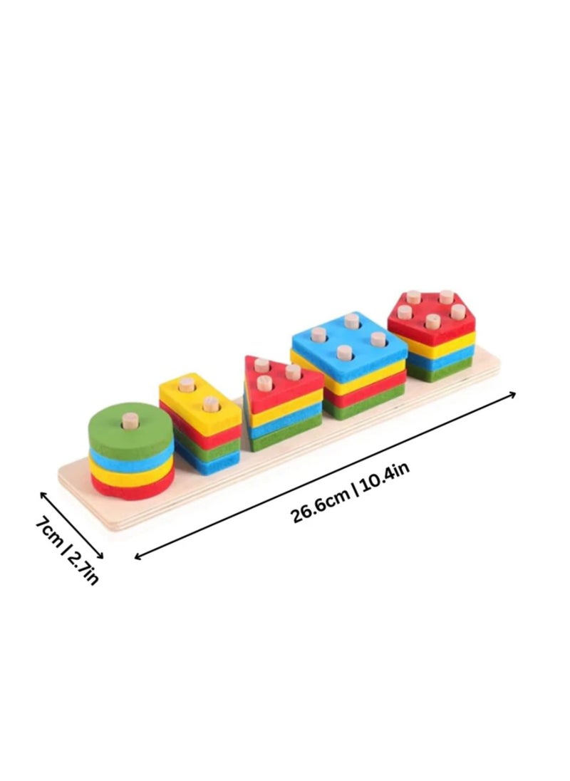 "Multicolored wooden geometric shape stacking blocks toy, suitable for up to 12 months, dimensions: 37x7.5x8 cm."  - Image 5