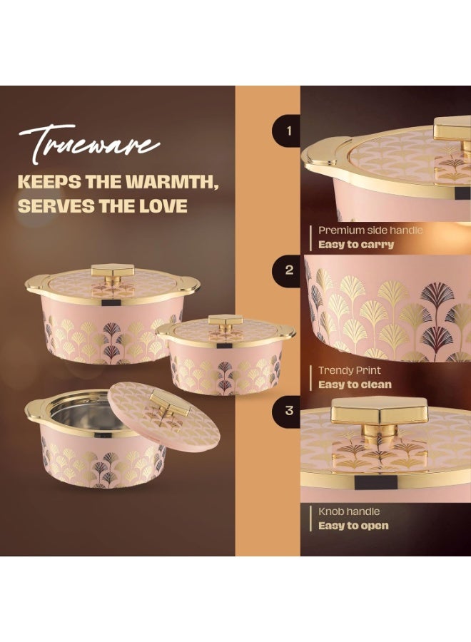 Trueware Floraa Fine Inner Steel Mirror Casserole Set of 3, 750,1000 & 1500 ml  | PU Insulated | BPA Free | Odour Proof | Food Grade | Ideal for Chapatti | Roti | Curd Maker | Thermoware | Hot Pot - Image 2