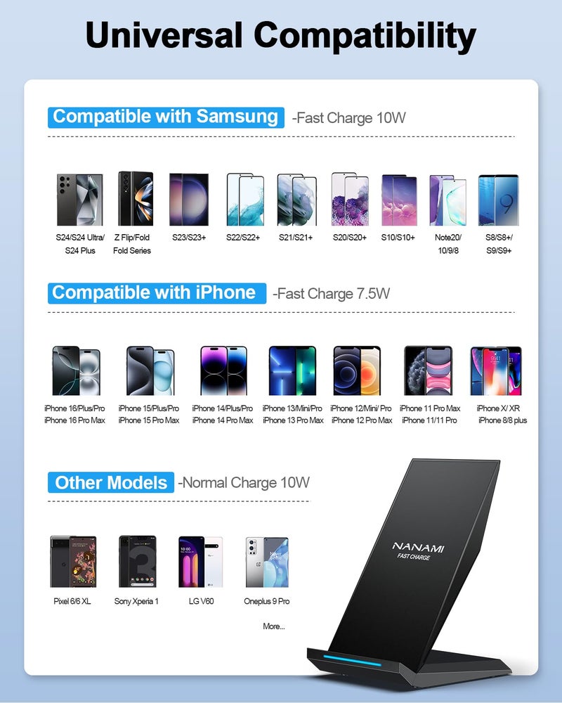 NANAMI  Fast Wireless Charger, NANAMI 15W Qi Certified Wireless Charging Stand Compatible iPhone 16/15/15 Pro/15 Plus/15 Pro Max/14/14 Pro/13/12, for Samsung Galaxy S25/S24/S23/S22/S21 and Qi-Enabled Phone - Image 3