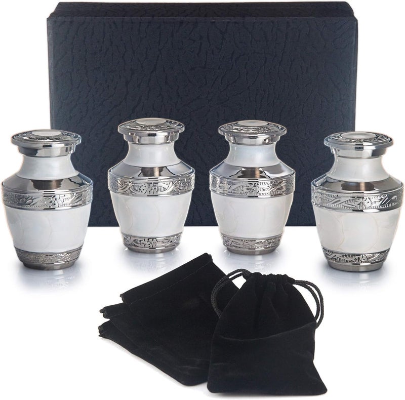 BOLD & DIVINE Small Heavenly Peace Pearl White Keepsake Urns |for Human Ashes | Handcrafted | 3" Tall Mini Urn Set of 4 with Individual Velvet Bags - Image 1
