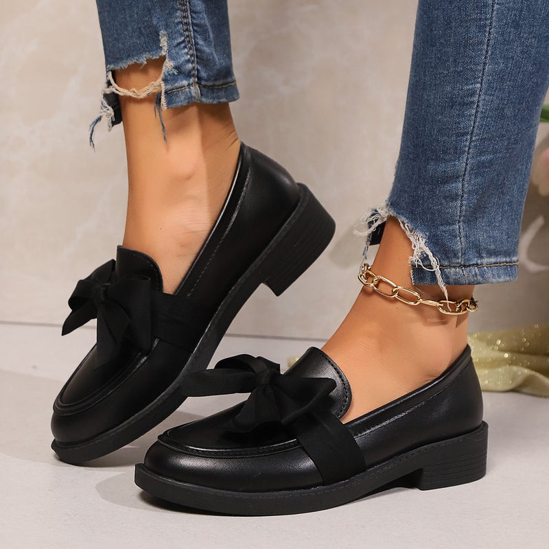2024 Autumn and Winter New Black Retro Small Leather Shoes Womens Thick Heel Thick-soled College British Style Bow Loafers Black Matte 