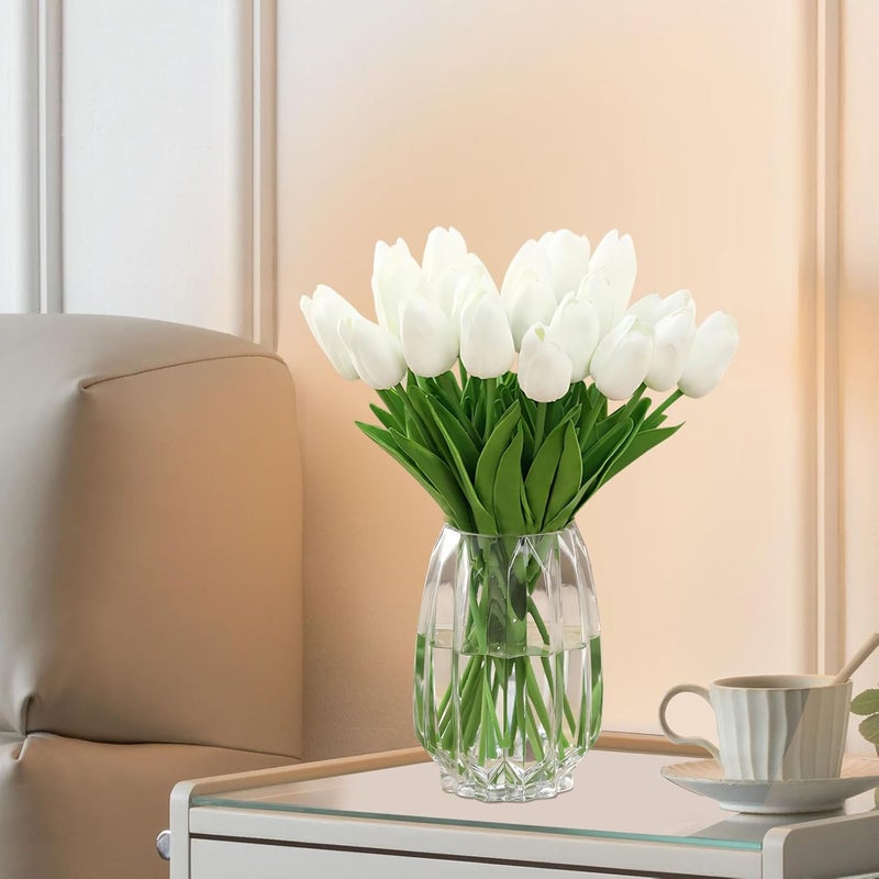ChaneeHann 20 Pcs Tulips Artificial Flowers White Fake Tulip Bouquet Real Touch Latex Artificial Tulips Flowers Faux Tulips for Indoor Outdoor Wedding Photography and Other Decorations - Image 1