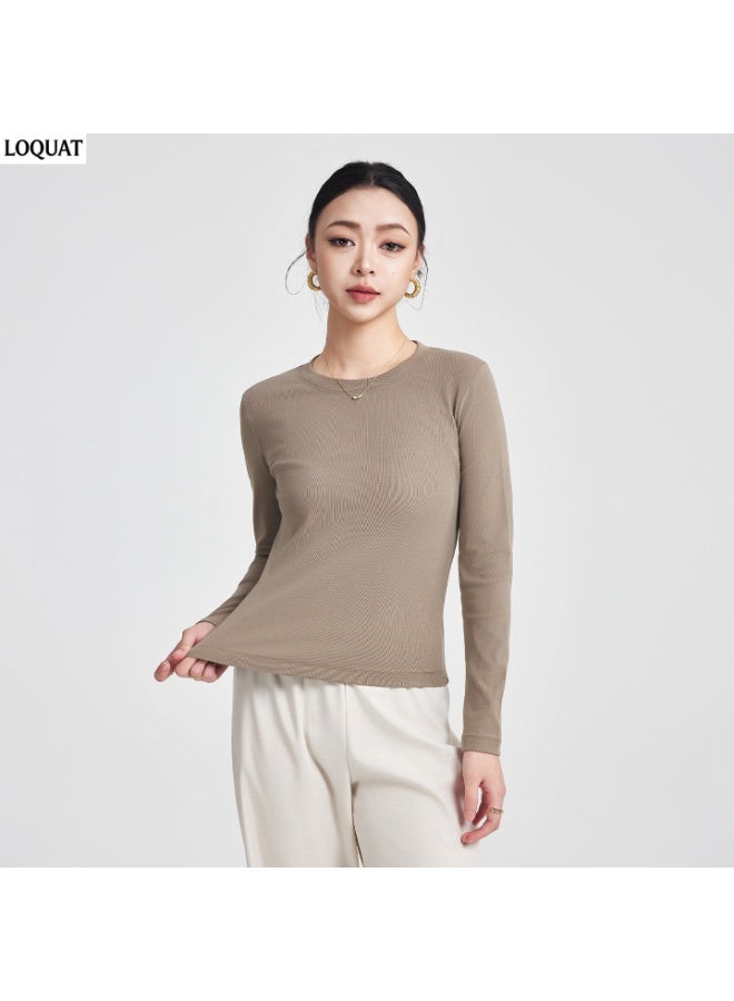 Loquat Women's Round Neck Slim-Fit Long-Sleeved T-Shirt , Slightly Cinched Waist Straight-Shoulder Base Layer Top, Breathable Soft Cotton Blend Casual Top for Commuting Work Dating, Coffee - Image 1