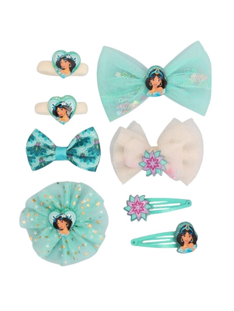 Yellow Bee Disney Princess Jasmine Hair Accessories Gift Set for Girls – Bows, Clips & Bands in Aqua, Pack of 8 - Image 5