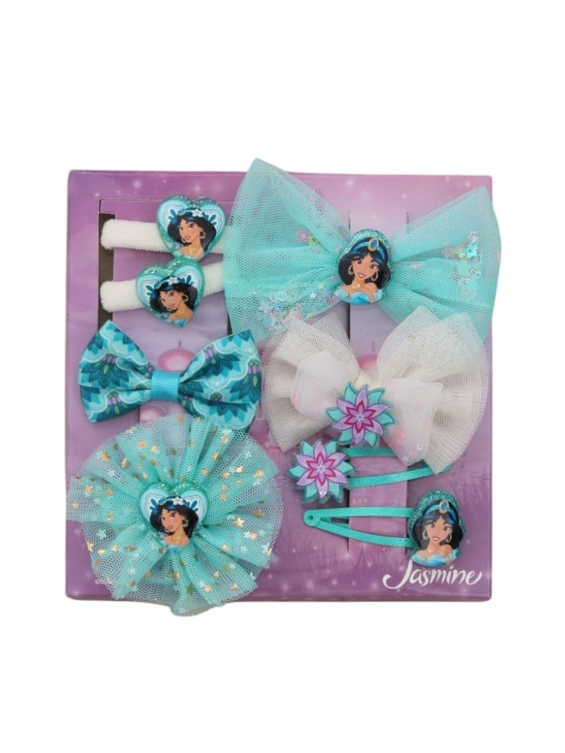 Yellow Bee Disney Princess Jasmine Hair Accessories Gift Set for Girls – Bows, Clips & Bands in Aqua, Pack of 8 - Image 4