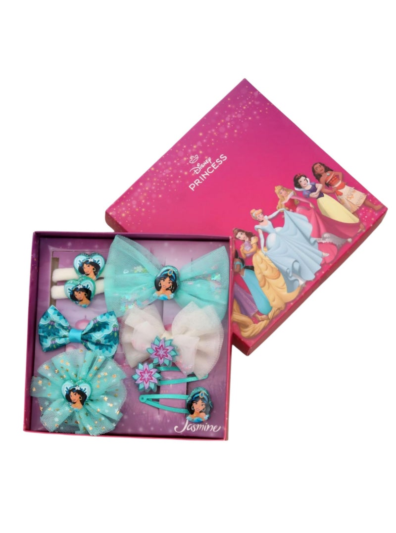 Yellow Bee Disney Princess Jasmine Hair Accessories Gift Set for Girls – Bows, Clips & Bands in Aqua, Pack of 8 - Image 1