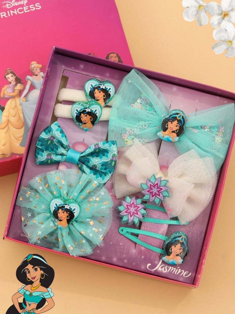 Yellow Bee Disney Princess Jasmine Hair Accessories Gift Set for Girls – Bows, Clips & Bands in Aqua, Pack of 8 - Image 2