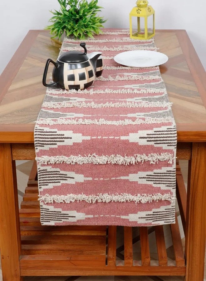 pepme Printed Tufted Canvas Table Runner, Diamond, bar, 14x54, Pink, Brown, White - Image 1